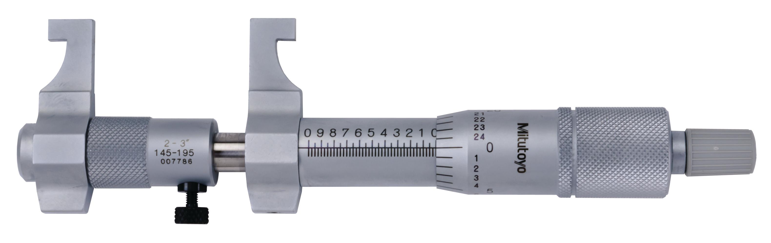 Mitutoyo, 145-195, Mechanical Caliper Jaw Type Micrometer, Carbide Steel Tip, Locking Clamp, Ratchet Stop, With Standard 2-3 In, .001 Inch