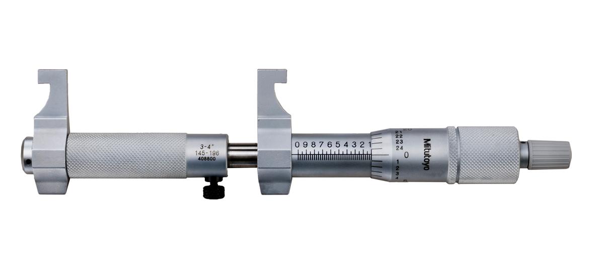 Mitutoyo, 145-196, Mechanical Caliper Jaw Type Micrometer, Carbide Steel Tip, Locking Clamp, Ratchet Stop, With Standard 3-4 In, .001 Inch
