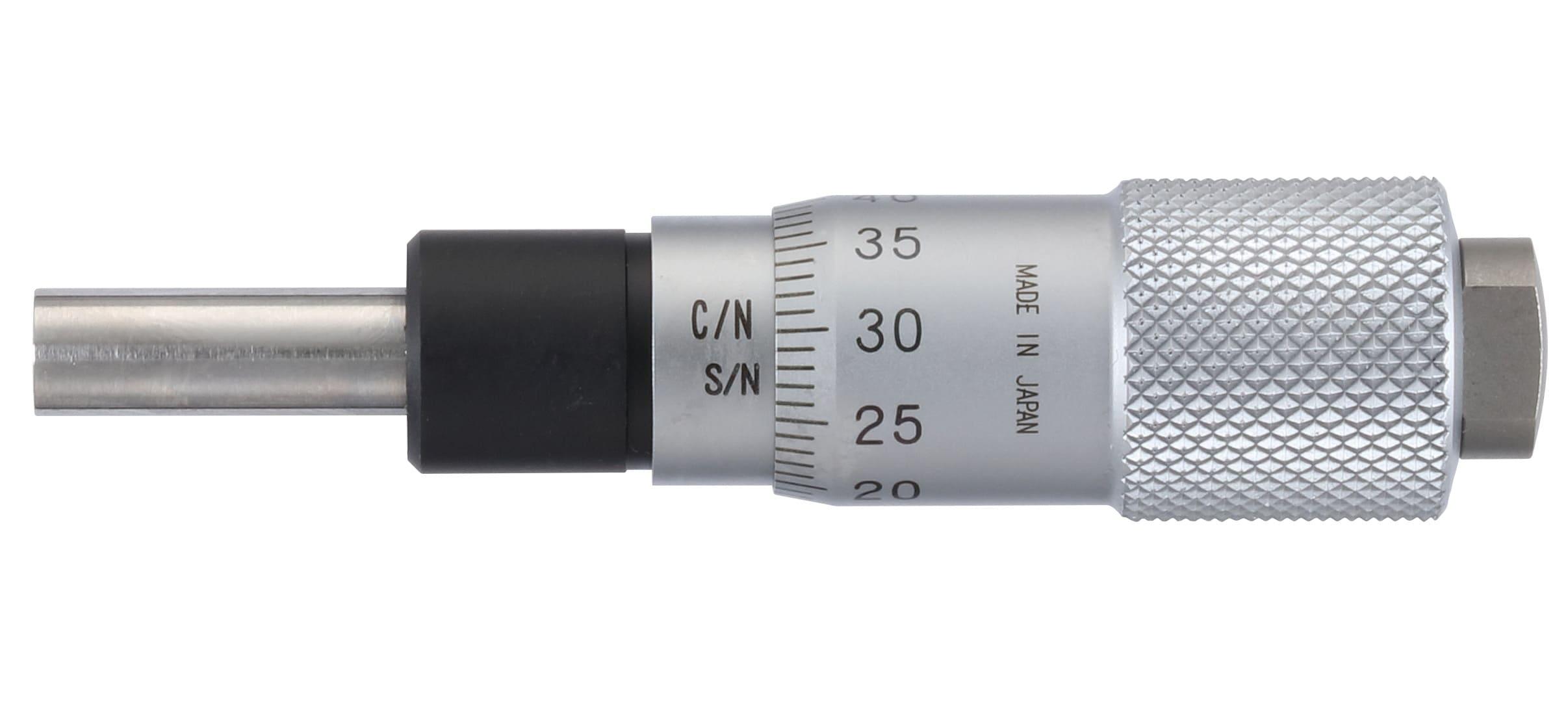 Mitutoyo, 148-104-10, Micrometer Head, common type, small size. 0-13mm range, 2um accuracy, 9.5mm stem diameter,. Plain stem  flat