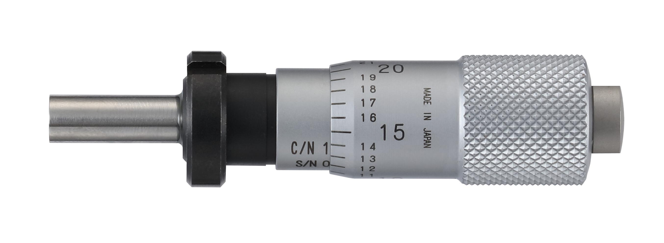 Mitutoyo, 148-111-10, Micrometer Head, common type, small size. 0-.5 inch range, .0001 inch accuracy, .375 inch stem diameter,. With clamp nut stem, flat