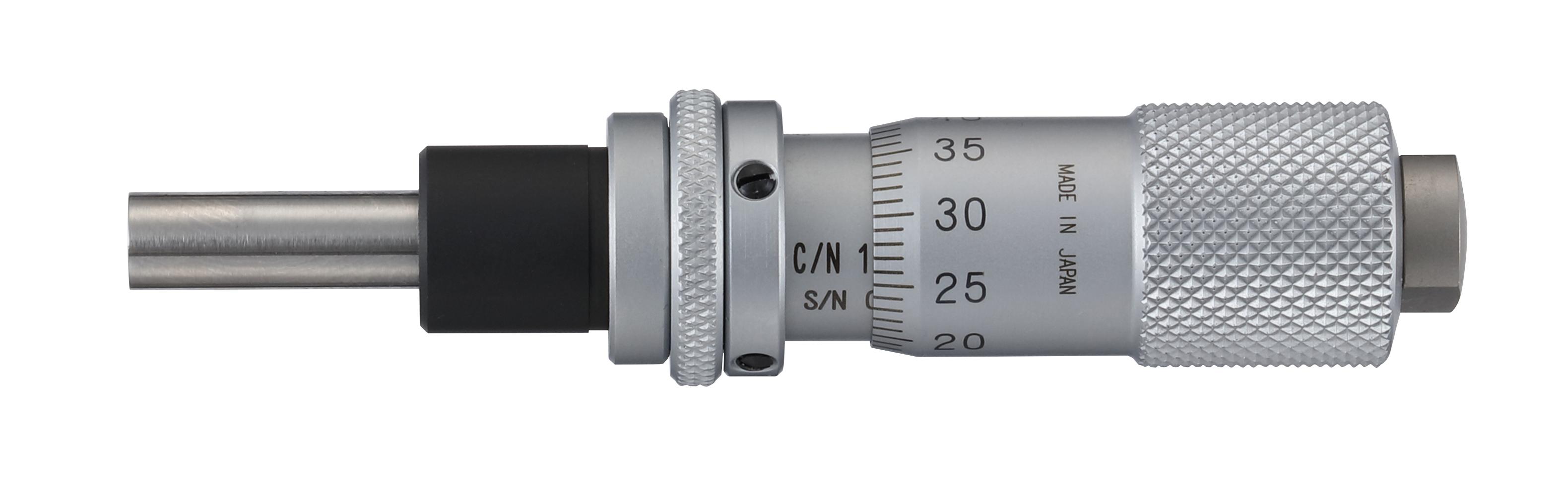Mitutoyo, 148-121-10, Micrometer Head, common type, small size. 0-13mm range, 2um accuracy, 9.5mm stem diameter,. Plain with spindle lock stem flat