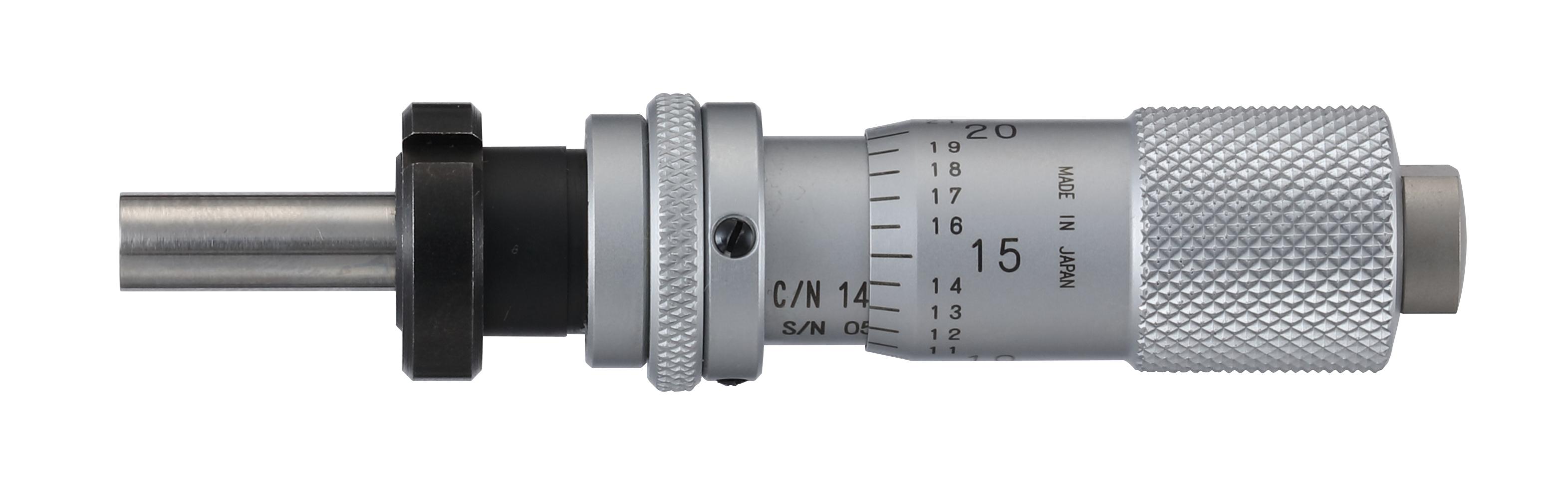 Mitutoyo, 148-122-10, Micrometer Head, common type, small size. 0-.5 inch range, .0001 inch accuracy, .375 inch stem diameter,. With clamp nut stem, flat. With spindle lock