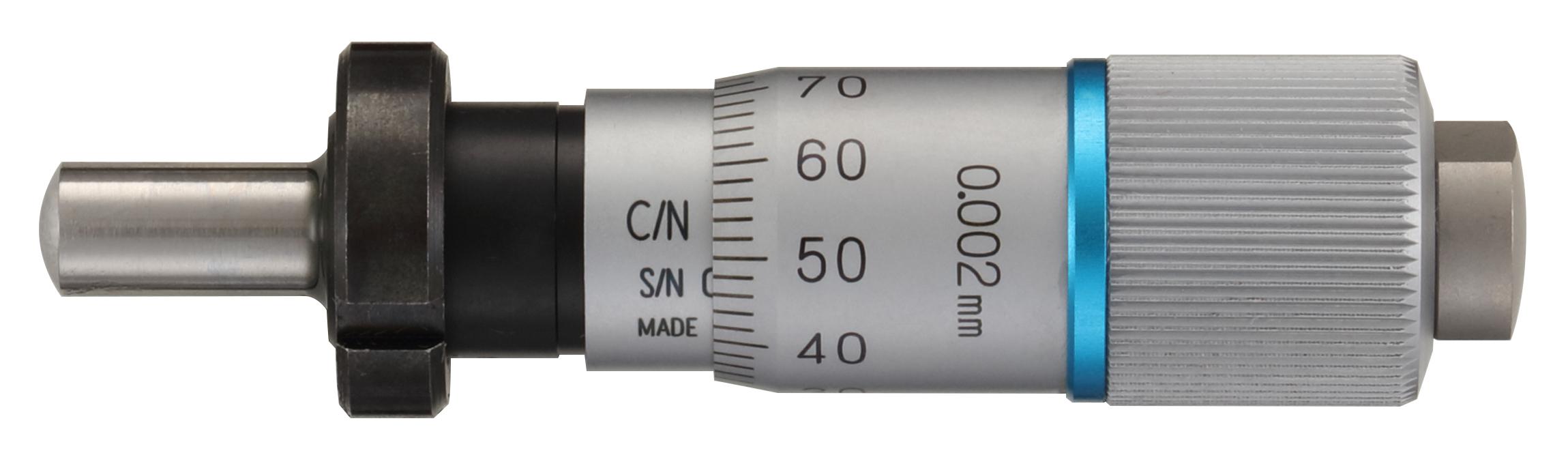 Mitutoyo, 148-143-10, Micrometer Head, fine spindle feeding of 0.1mm/rev, 0-6.5mm range, 2um accuracy, 9.5mm stem diameter, clamp nut stem, spherical (SR4)