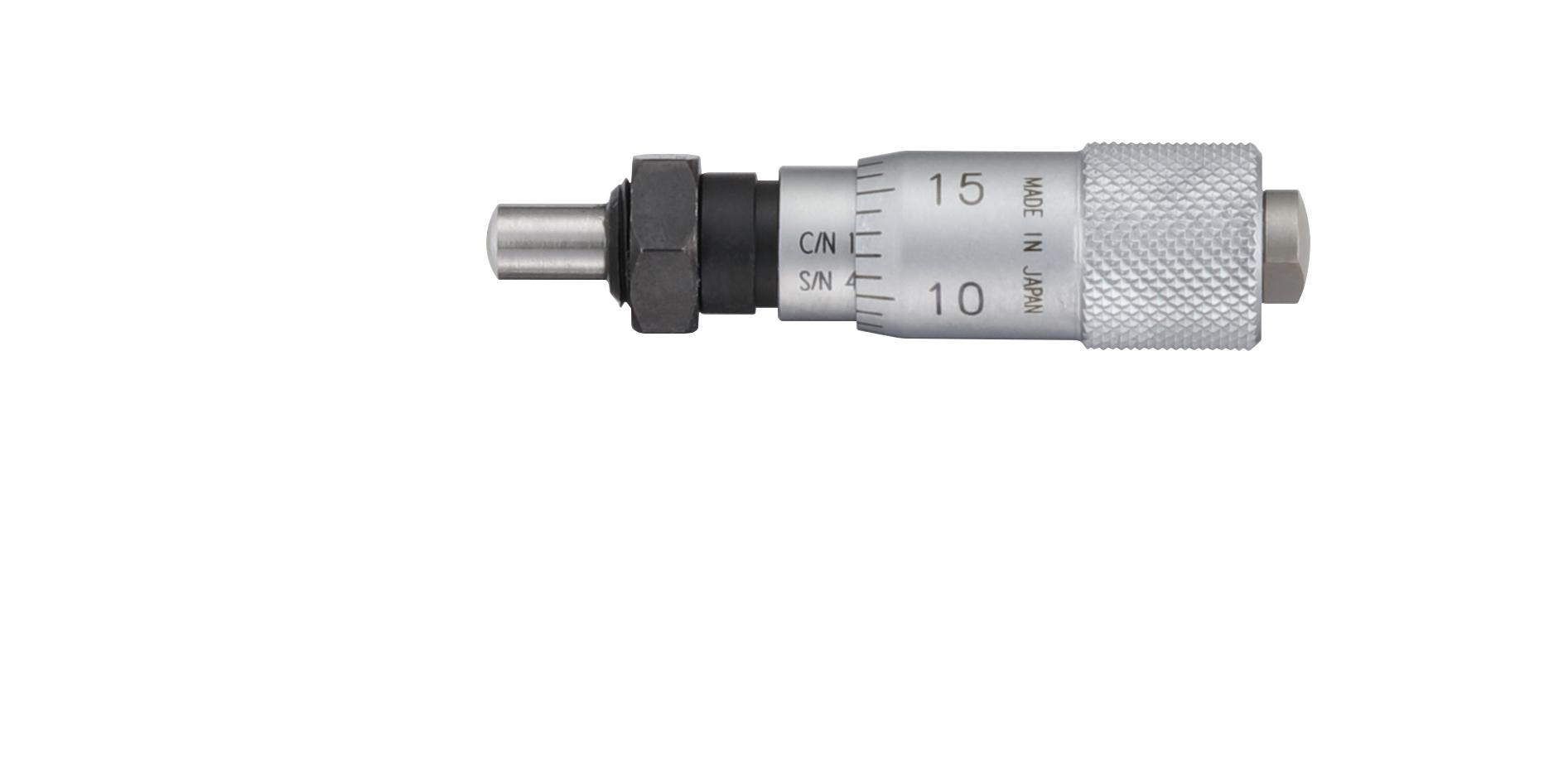Mitutoyo, 148-208-10, Mechanical Micrometer Head, .25 In Diameter Stem with Clamp Nut, Spherical (SR3) Spindle Face 0-.25 In, .001 In