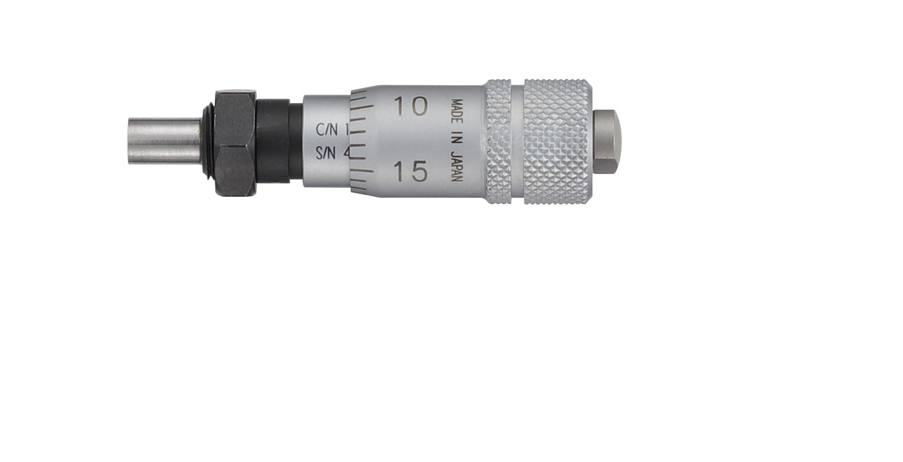 Mitutoyo, 148-212-10, Micrometer head, ultra-small type,.25-0 inch range, 5um accuracy, .25 stem diameter, clamp nut stem, flat spindle face, reverse reading