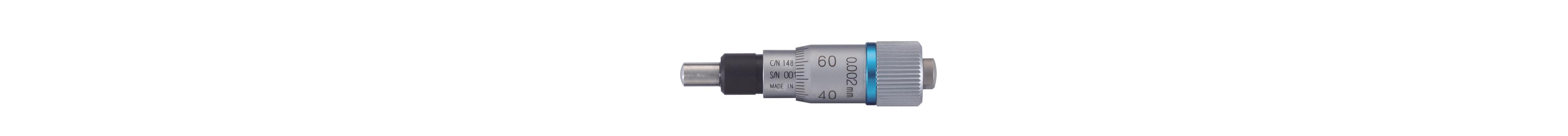 Mitutoyo, 148-242-10, Micrometer head, fine spindle feeding of 0.1mm/rev, 0-6.5mm range, 2um accuracy, 9.5mm stem diameter, plain stem, spherical (SR3), small thimble diameter