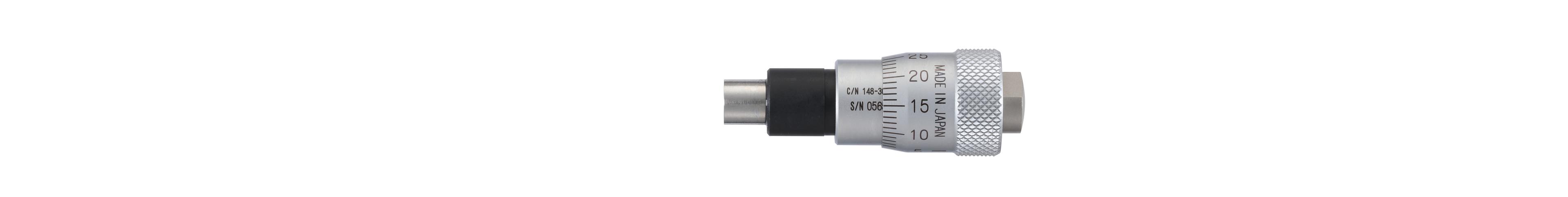 Mitutoyo, 148-301-10, Micrometer head, large thimble diameter for easy reading, 0-6.5mm range, 2um accuracy, 9.5mm stem diameter, plain, flat spindle face, 20mm thimble diameter