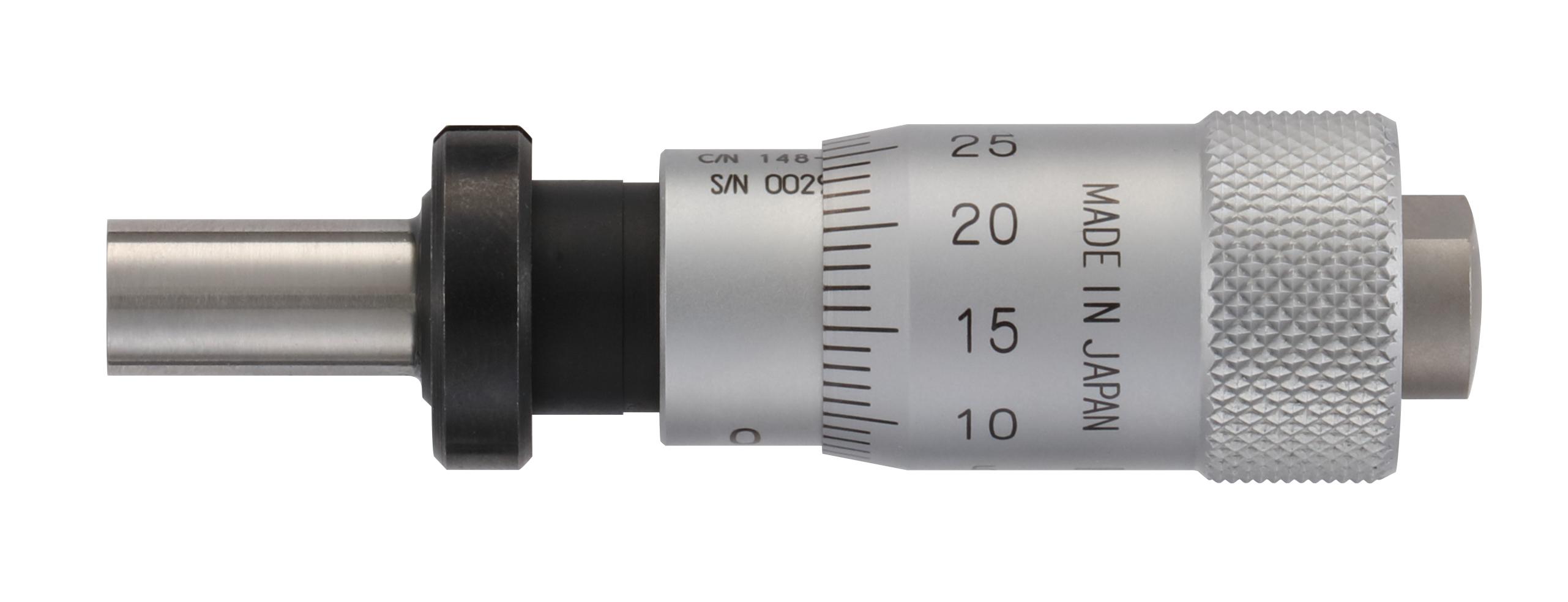 Mitutoyo, 148-308-10, Micrometer head, large thimble diameter for easy reading, 0-13mm range, 2um accuracy, 9.5mm stem diameter, plain stem, flat spindle face, 29mm thimble diameter