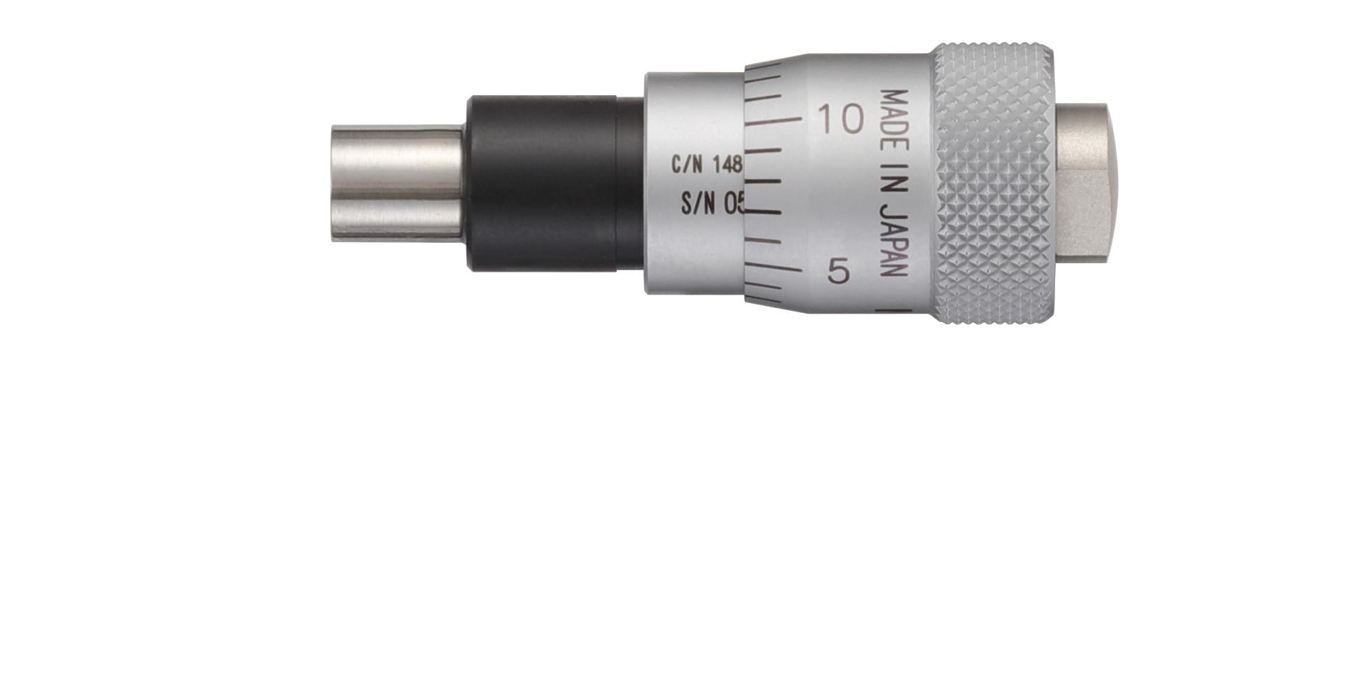 Mitutoyo, 148-351-10, Micrometer Head, large thimble diameter for easy reading, 0-.25 inch range, .0001 inch accuracy, .375 inch stem diameter, clamp nut stem, flat spindle face, .59 inch thimble diameter