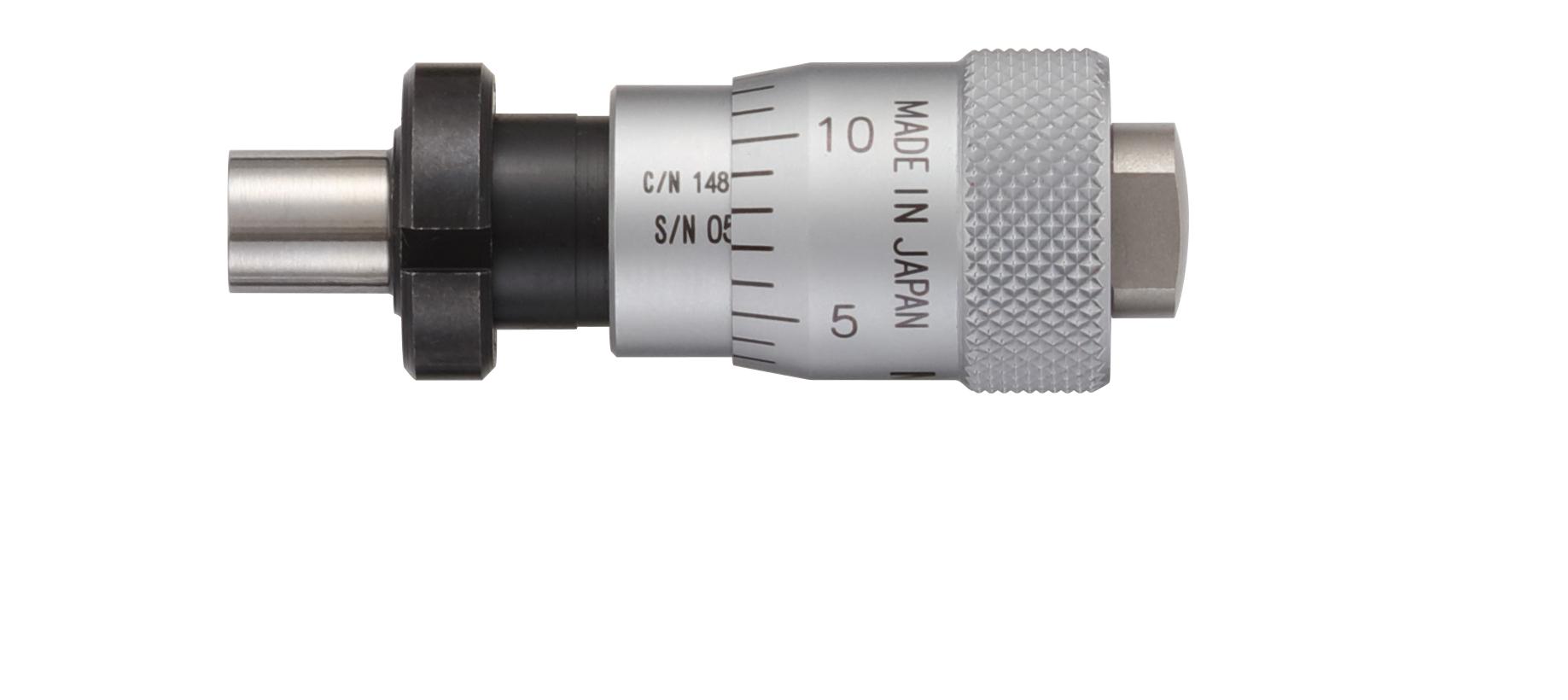 Mitutoyo, 148-352-10, Micrometer Head, large thimble diameter for easy reading, 0-.25 inch range, .0001 inch accuracy, .375 inch stem diameter, clamp nut stem, flat spindle face, .59 inch thimble diameter