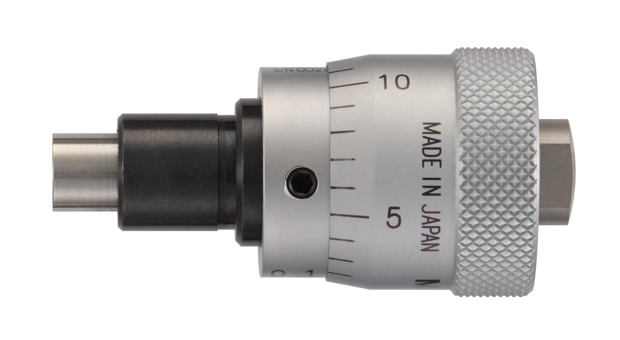 Mitutoyo, 148-353-10, Micrometer Head, large thimble diameter for easy reading, 0-.25 inch range, .0001 inch accuracy, .375 inch stem diameter, plain stem, flat spindle face, .79 inch thimble diameter