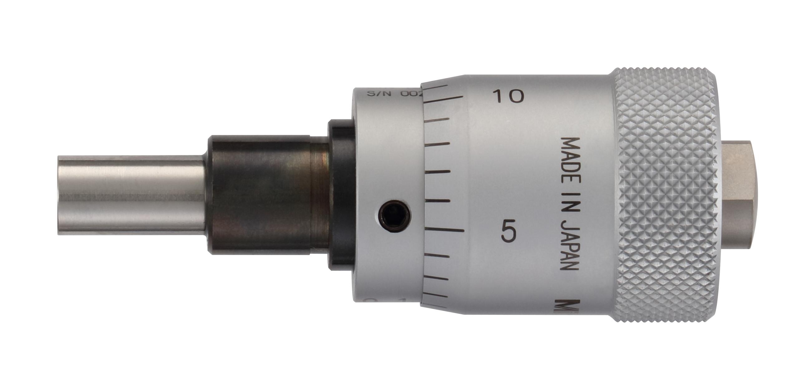 Mitutoyo, 148-359-10, 0-.5 In, .001 In, Mechanical Micrometer Head, .375 In Diameter Plain Stem, Flat Spindle Face, Large (.79 In) Thimble Diameter