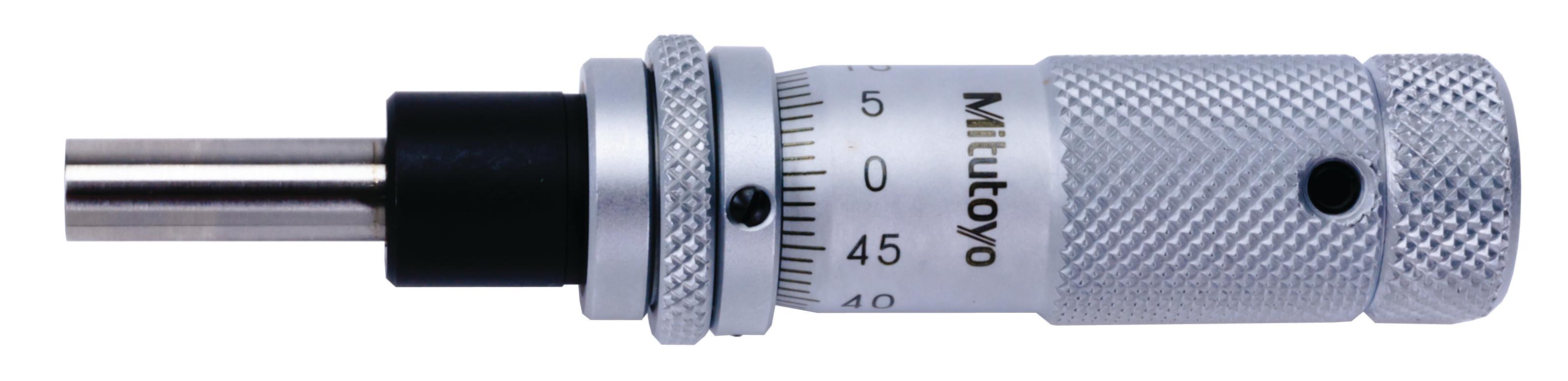 Mitutoyo, 148-506, Micrometer Head, common type in small size with zero-adjustable thimble, 0-13mm range, 2um accuracy, 9.5mm stem diameter, plain spindle lock stem, flat spindle face