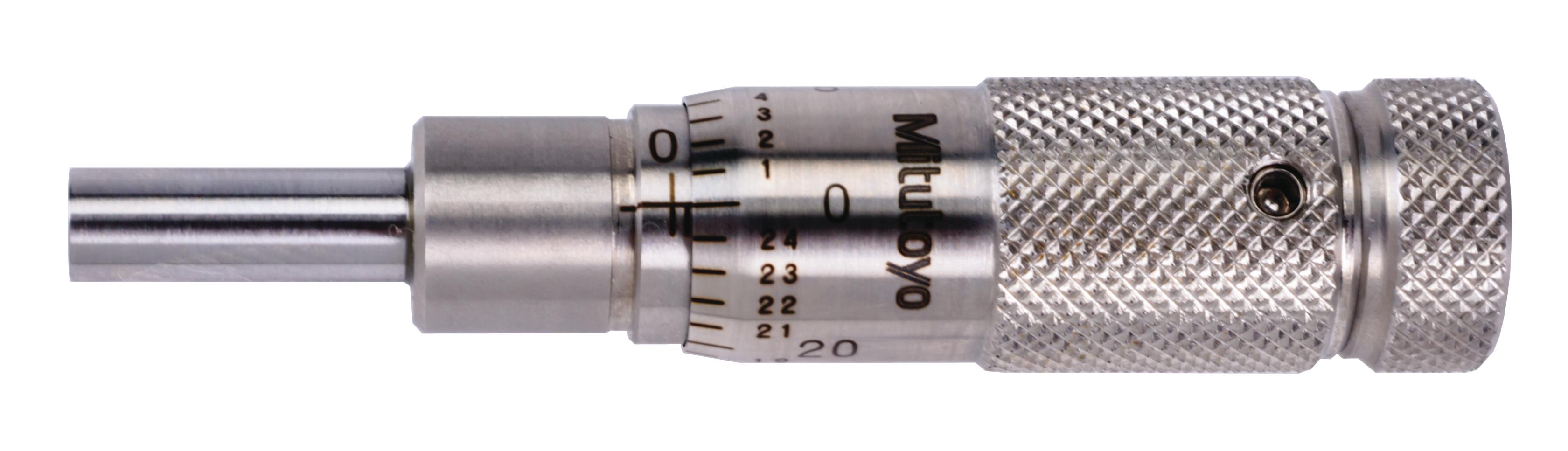 Mitutoyo, 148-511, Micrometer Head, common type in small size with zero-adjustable thimble, 0-.5 inch range, .0001 inch accuracy, .375 inch stem diameter, plain stem, flat spindle face, stainless steel throughout