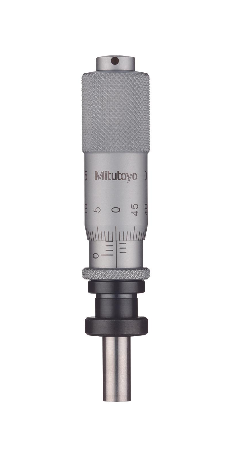 Mitutoyo, 149-184, Micrometer Head, common type in small size, carbide-tipped spindle, 0-15mm, 2um accuracy, 9.5 stem diameter, clamp nut stem with spindle lock, flat (carbide tip) spherical face, spindle lock