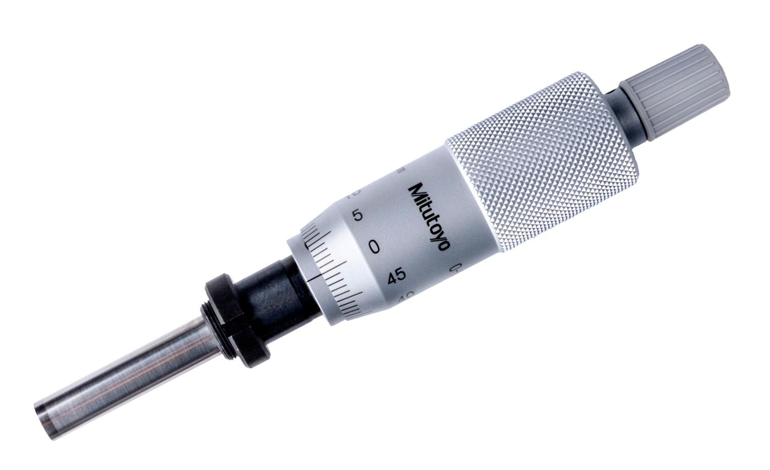 Mitutoyo, 150-191, 0-25mm, 0.01mm, Mechanical Micrometer Head, 10mm Diameter Stem with Clamp Nut, Flat Carbide Tipped Spindle Face