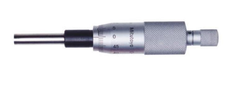 Mitutoyo, 150-192, 0-25mm, 0.01mm, Mechanical Micrometer Head, 10mm Diameter Plain Stem, Flat Carbide Tipped Spindle Face