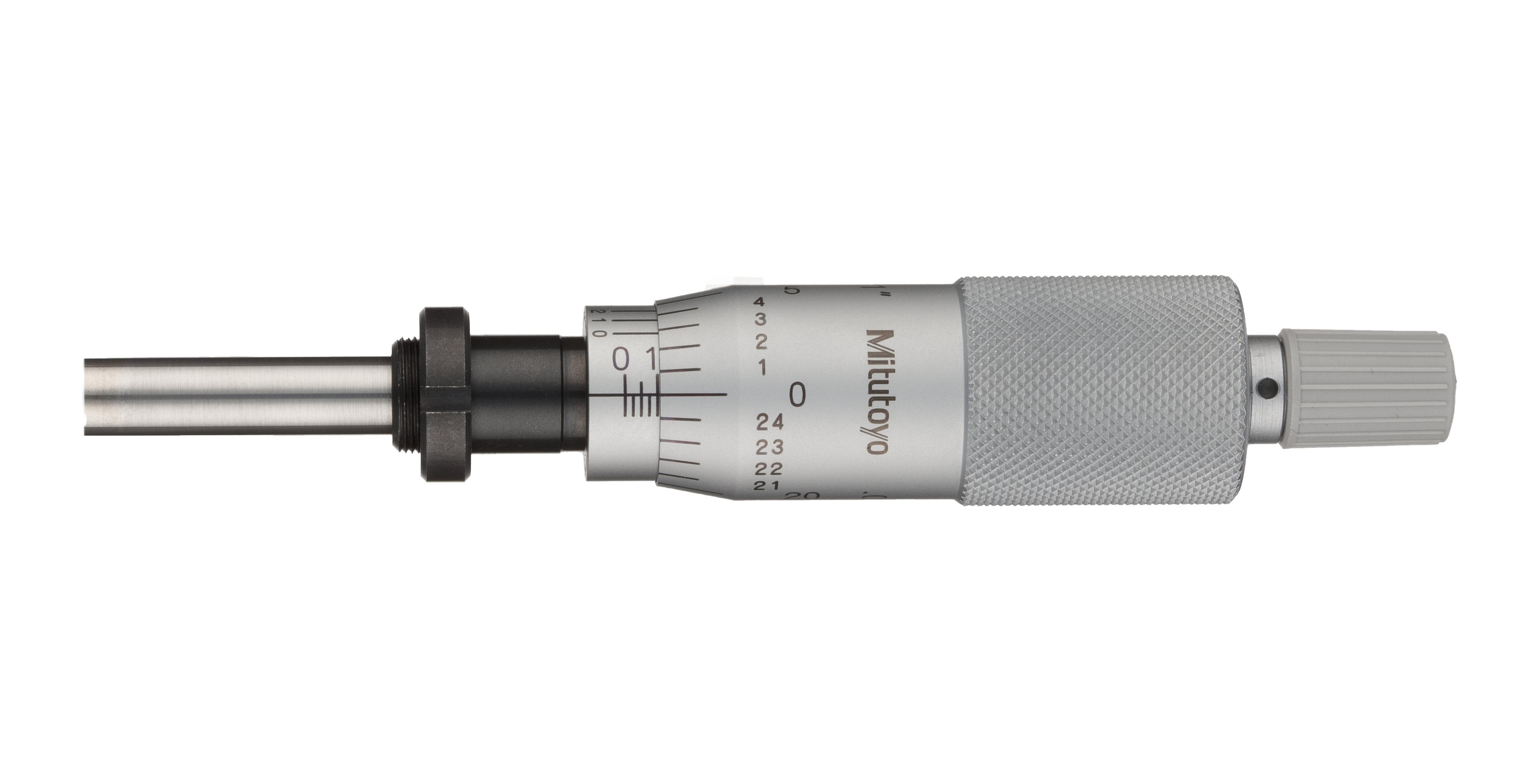 Mitutoyo, 150-205, Micrometer Head, common type middle size. 0-1 inch range, .0001 inch accuracy, .375 stem diameter, clamp nut stem, flat (carbide tip) spindle face, ratchet stop 