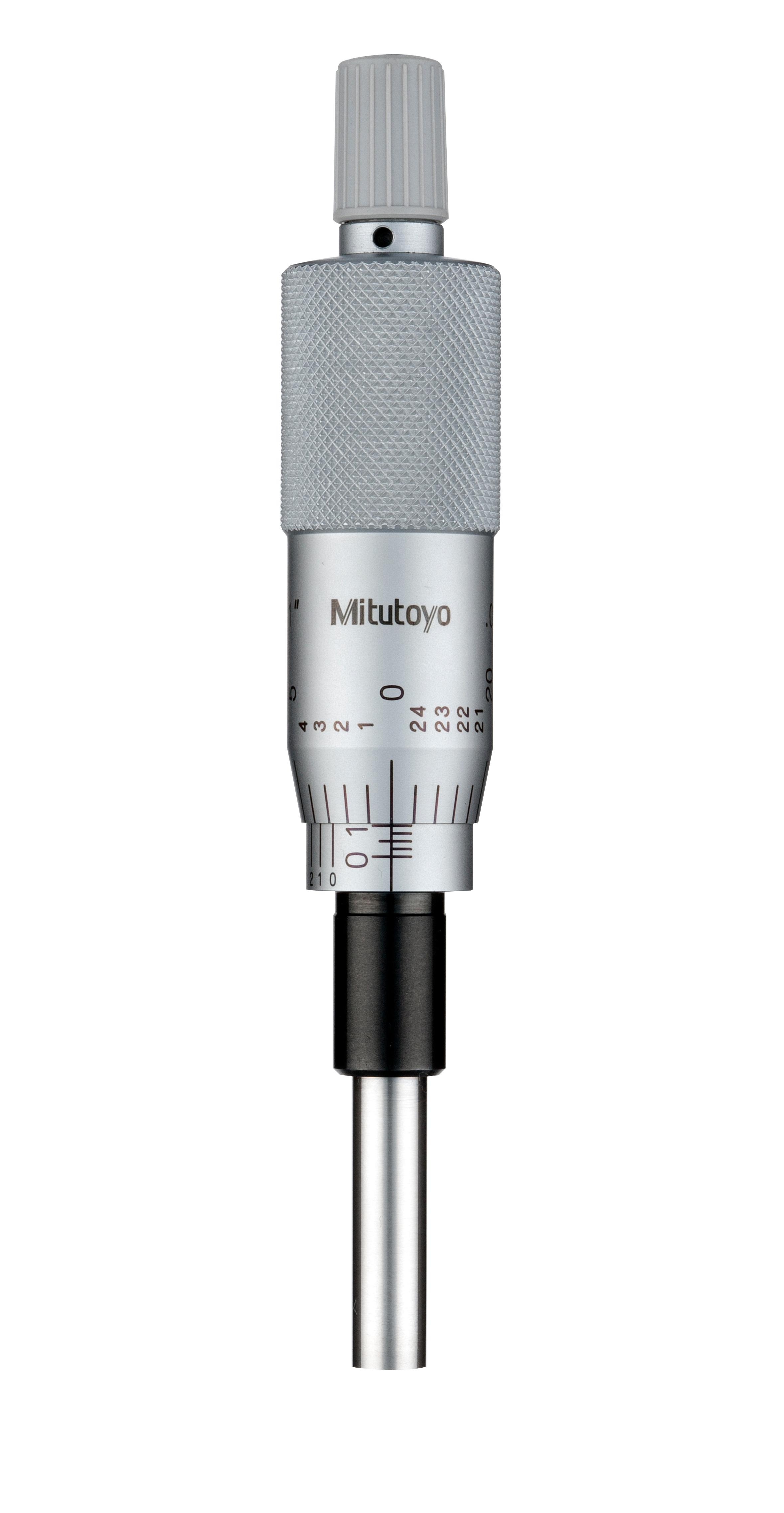 Mitutoyo, 150-206, 0-1 In, .001 In, Mechanical Micrometer Head, .375 In Diameter Plain Stem, Flat Carbide Tipped Spindle Face, w/ Vernier (.0001 In)