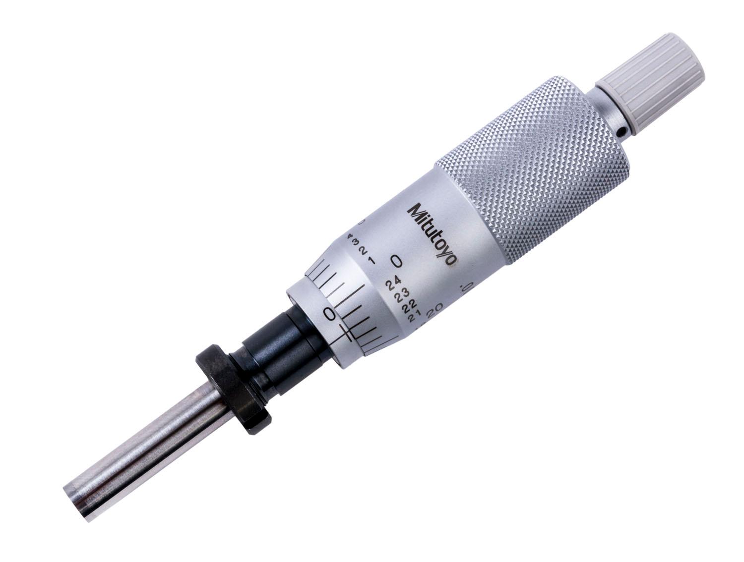 Mitutoyo, 150-207, 0-1 In, .001 In, Mechanical Micrometer Head, .375 In Diameter Stem with Clamp Nut, Flat Carbide Tipped Spindle Face