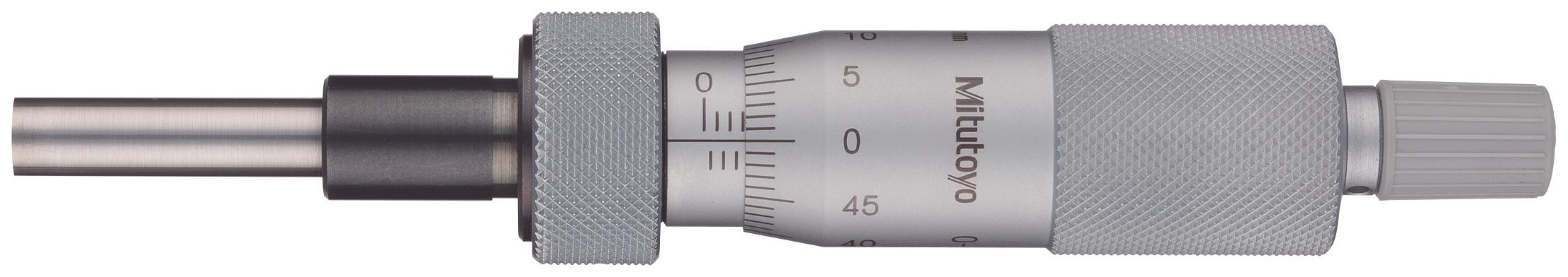 Mitutoyo, 150-209, 0-25mm, .01mm Mechanical Micrometer Head, 10mm Plain Stem, Flat Carbide Tipped Spindle Faced