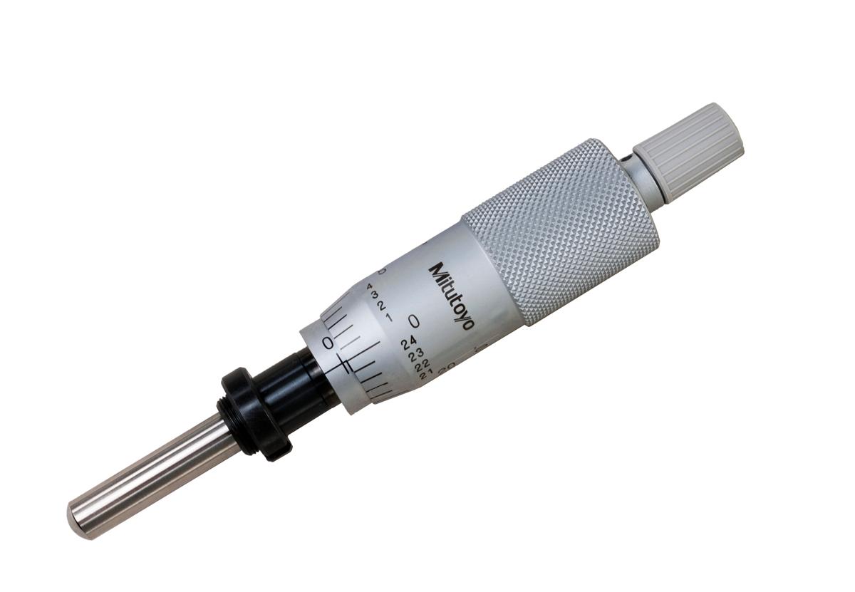 Mitutoyo, 150-812, 0-1 In, .001 In, Mechanical Micrometer Head, .375 In Diameter Spherical (SR4), Flat Spindle Face