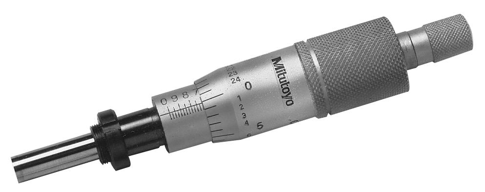 Mitutoyo, 150-832, Micrometer Head, common type in middle size, 0-1 inch range, .0001 inch accuracy, .375 inch stem diameter, clamp nut stem, flat carbide tip spindle face, reverse reading 