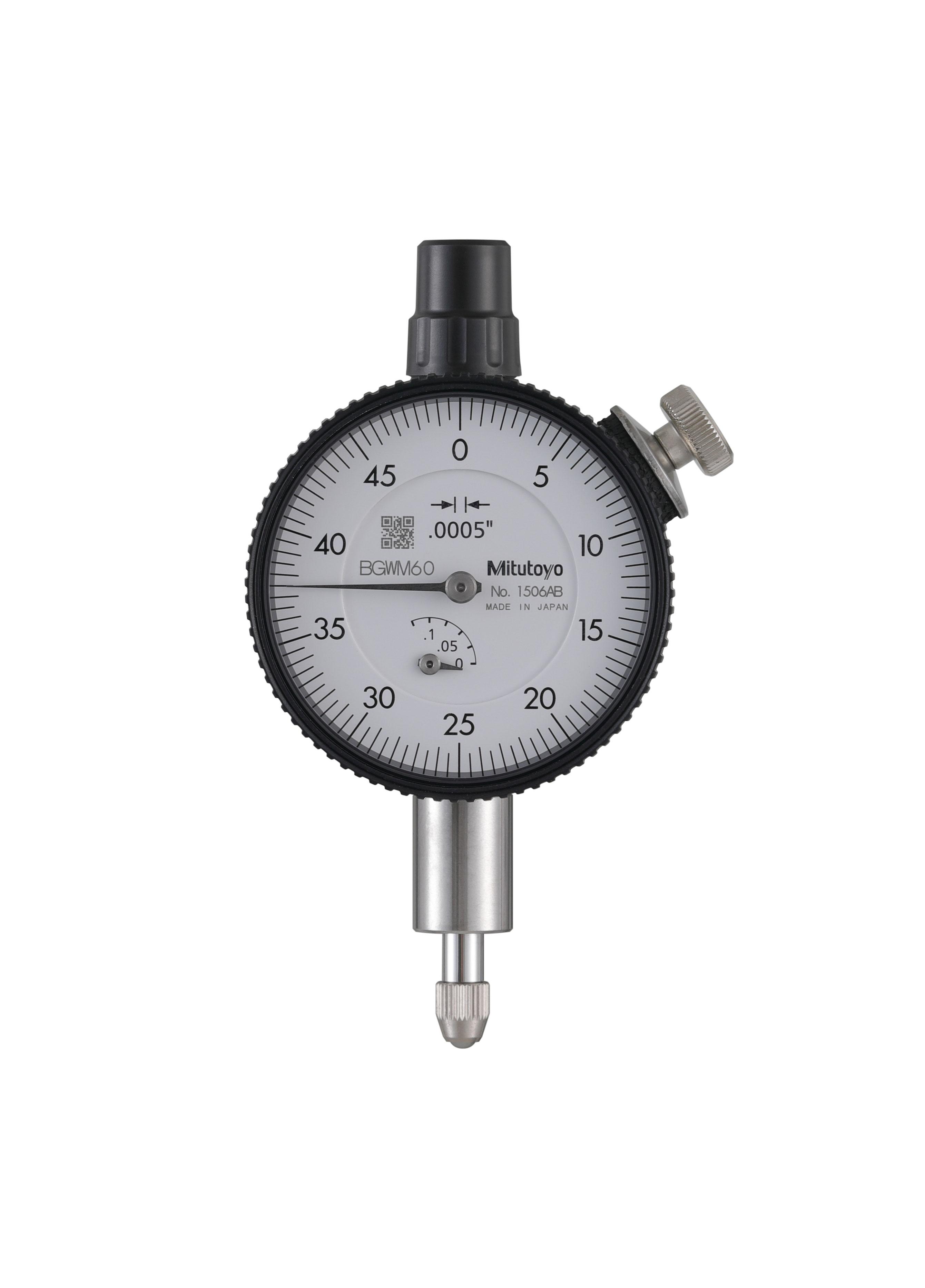 Mitutoyo, 1506AB, .0005 In, .125 In/(.05 In per rev) Dial Indicator, 0-50, Flat Back,  3/8 In stem, Series 1