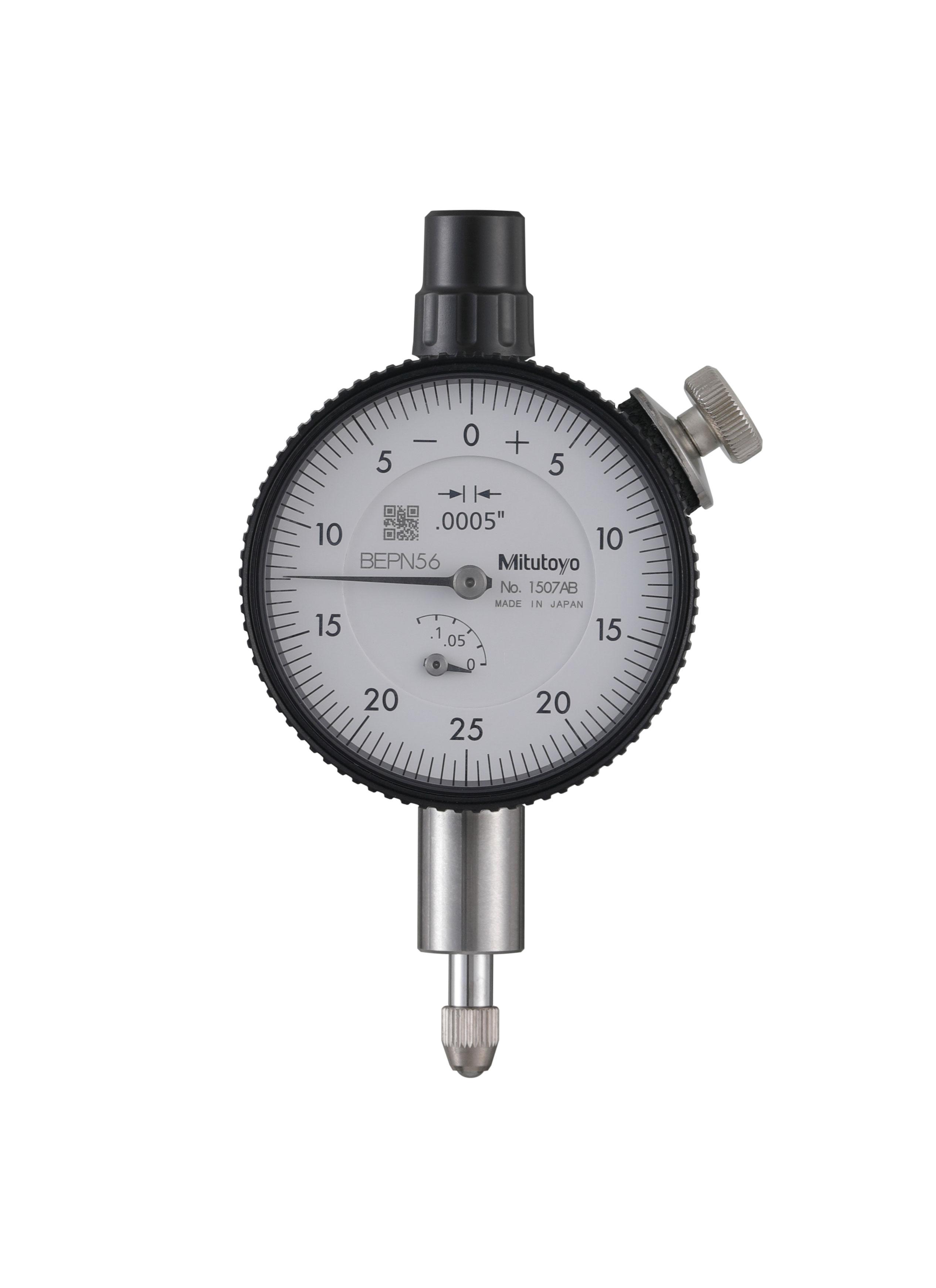 Mitutoyo, 1507AB, .0005 In, .125 In/(.05 In per rev) Dial Indicator, 0-25-0, Flat Back, 3/8 In stem, Series 1