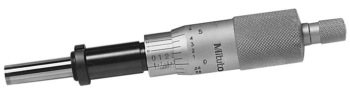 Mitutoyo, 151-237, Micrometer Head, common type In middle size with 8mm diameter spindle, 1inch range, .0001in accuracy, .5 inches steam diameter, with clamp nut stem, flat carbide tip spindle, with Vernier .0001 inches
