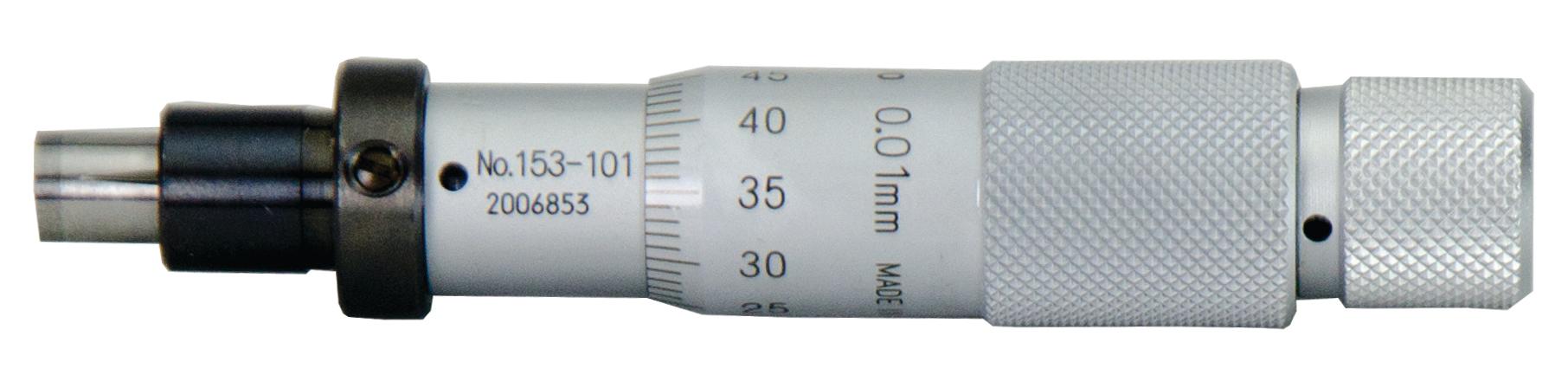 Mitutoyo, 153-101, 0-15mm, 0.01mm (0.001mm with Vernier), Mechanical Micrometer Head, 9.5mm Diameter Plain Stem, Flat Carbide Tipped Spindle Face, Non-Rotating Spindle
