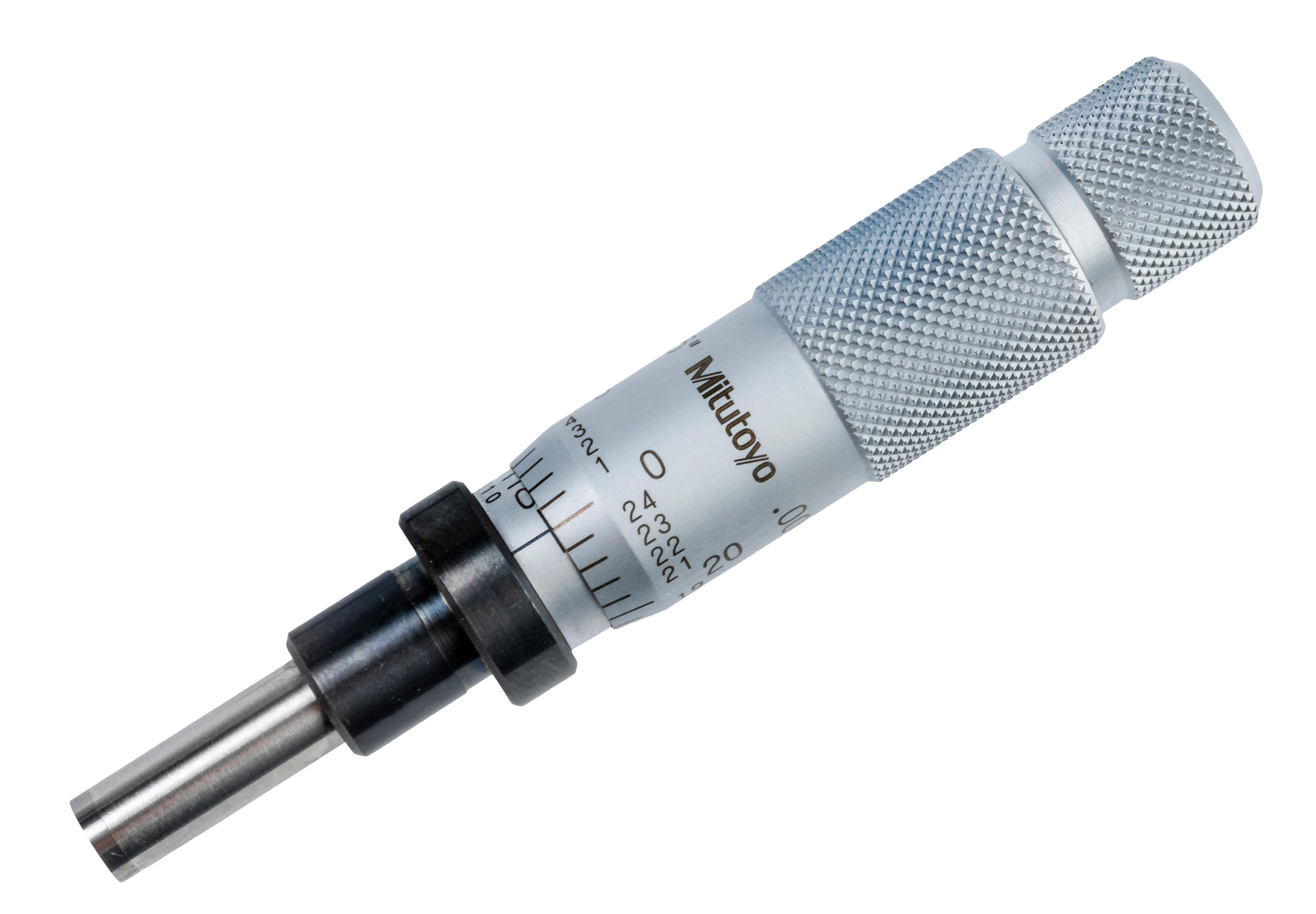 Mitutoyo, 153-108, Micrometer Head non-rotating spindle type, 0-5 inch range, +/-.00015 inch accuracy, .375 inch stem diameter, plain stem, flat(carbide tip) spindle face
