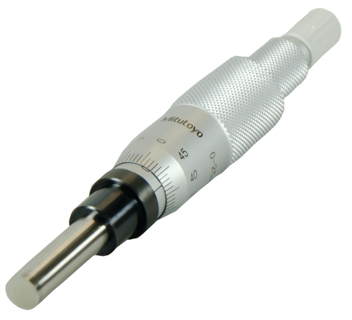 Mitutoyo, 153-201, 0-25mm, 0.01mm, Mechanical Micrometer Head, 12mm Diameter Plain Stem, Flat Carbide Tipped Spindle Face, Non-Rotating Spindle, Ratchet Stop