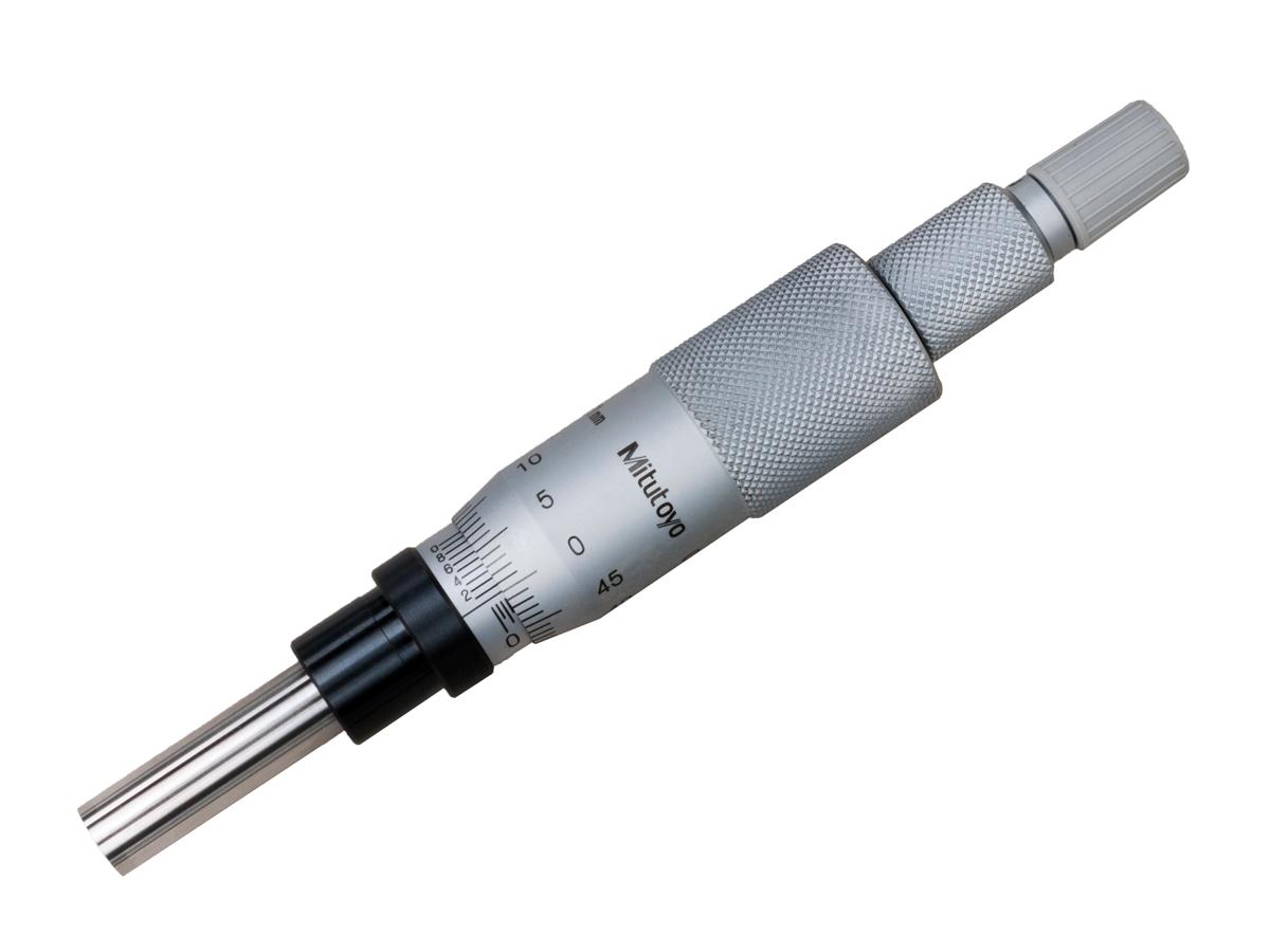 Mitutoyo, 153-202, 0-25mm, 0.01mm (0.001mm with Vernier), Mechanical Micrometer Head, 12mm Diameter Plain Stem, Flat Carbide Tipped Spindle Face, Non-Rotating Spindle, Ratchet Stop