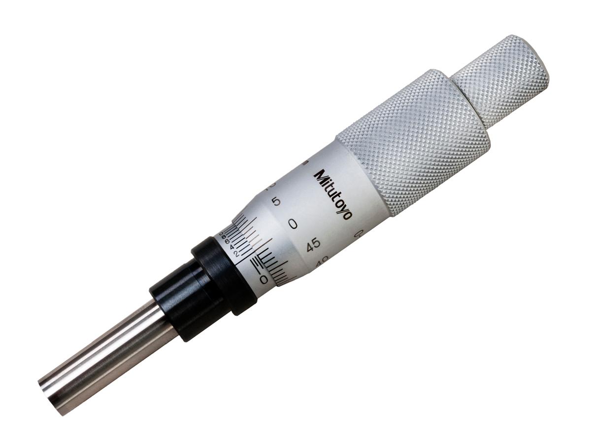 Mitutoyo, 153-204, 0-25mm, 0.01mm (0.001mm with Vernier), Mechanical Micrometer Head, 12mm Diameter Plain Stem, Flat Carbide Tipped Spindle Face, Non-Rotating Spindle