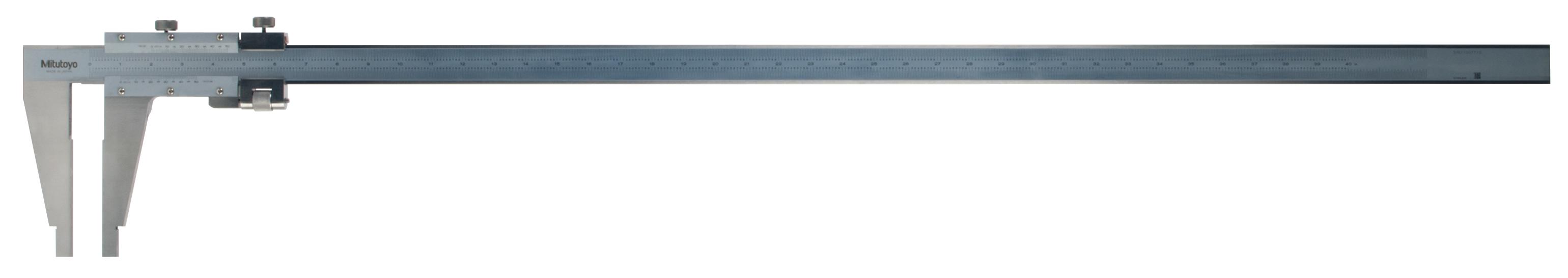 Mitutoyo, 160-105, Vernier Caliper with Nib style jaws and fine adjustment, 0(1) - 40 inch Range, +/- .003 accuracy, .001 inch lower scale graduation, .001 inch upper scale graduation, 3500 grams