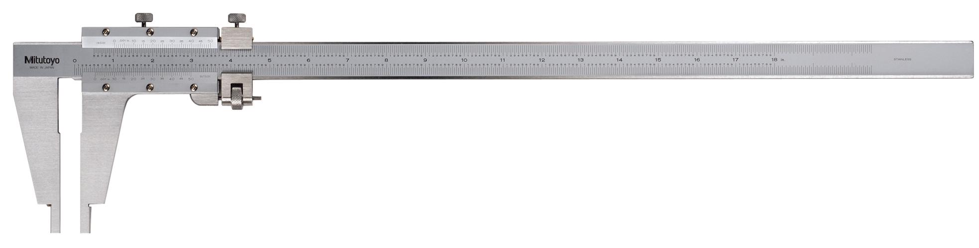 Mitutoyo, 160-116, Vernier Caliper, with Nib style jaws and fine adjustment, .5-18 inches, +/-.0015 accuracy, .001 inch lower scale and upper scale graduations, 1200 grams mass