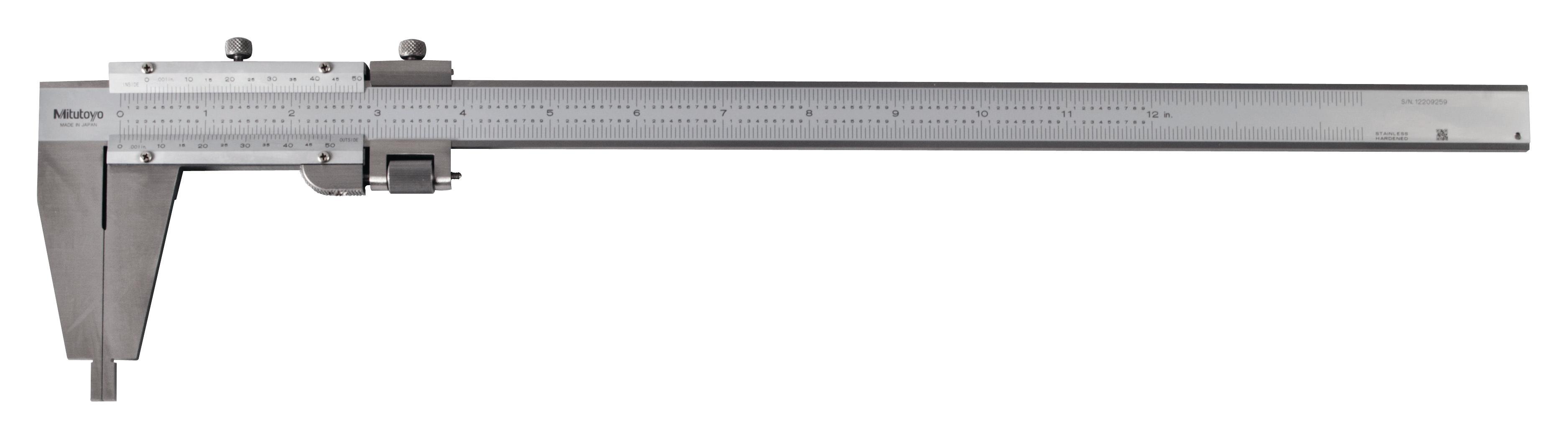 Mitutoyo, 160-124, Vernier Caliper, with Nib style jaws and fine adjustment, .3-12 inches, +/-.0015 accuracy, .001 inch lower scale and upper scale graduations, 450 grams mass