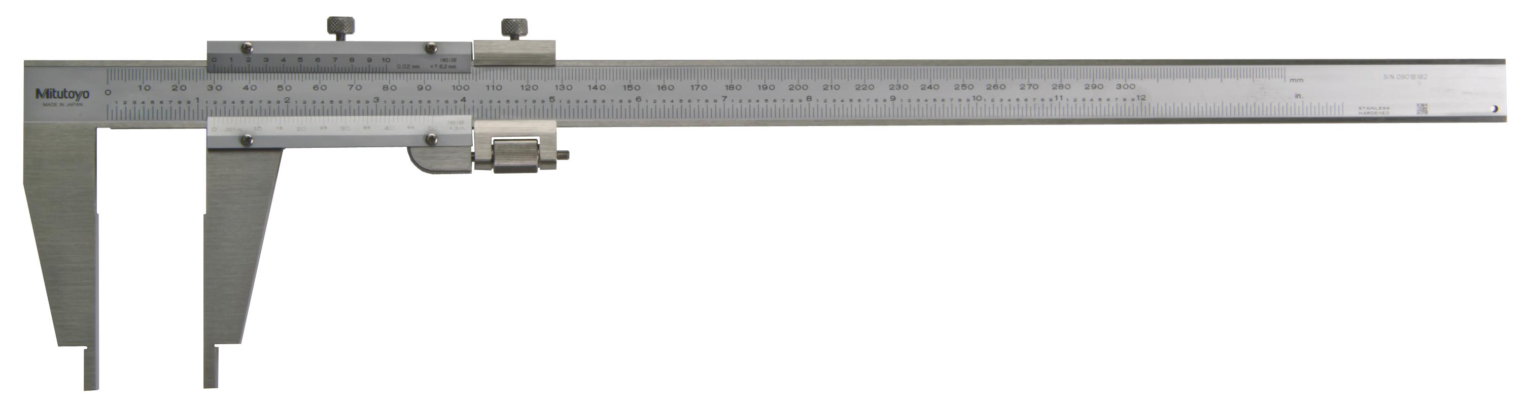 Mitutoyo, 160-125, Vernier Caliper, with Nib style jaws and fine adjustment, .3-12 inches/10-300mm, +/-.0015 accuracy, .001 inch lower scale and .02mm upper scale graduation, 450 grams mass