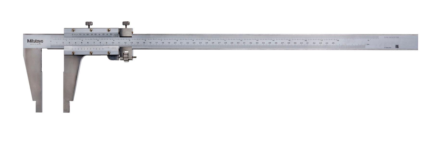 Mitutoyo, 160-151, Vernier Caliper, with Nib style jaws and fine adjustment,20-450mm/.5-18 inches range, +/-.04mm accuracy, .02mm lower scale and .001 inch upper scale graduation, 1200 grams mass