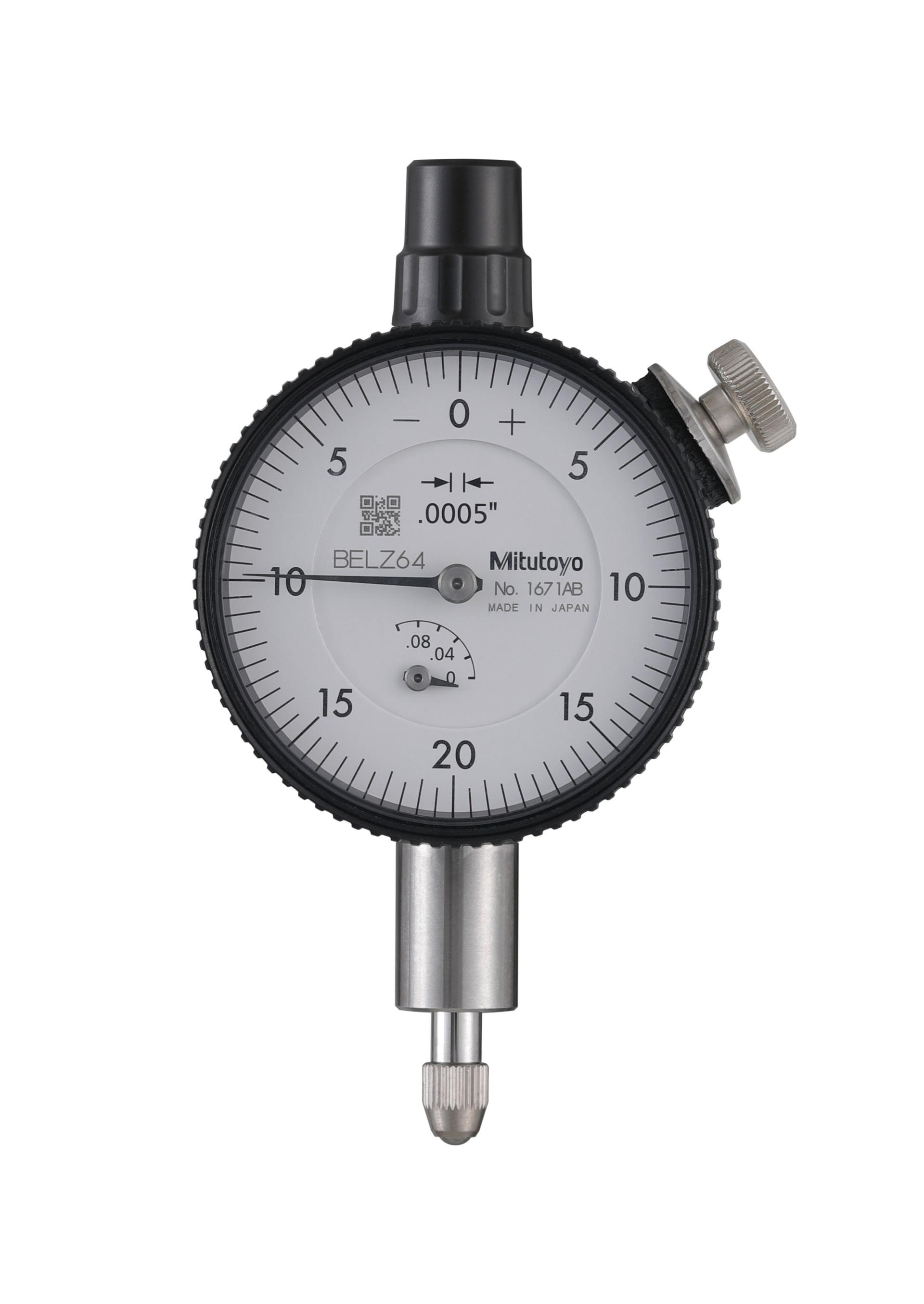 Mitutoyo, 1671AB, .0005 In, .1 In/(.04 In per rev) Dial Indicator, 0-20-0, Flat Back, 3/8 In stem, Series 1