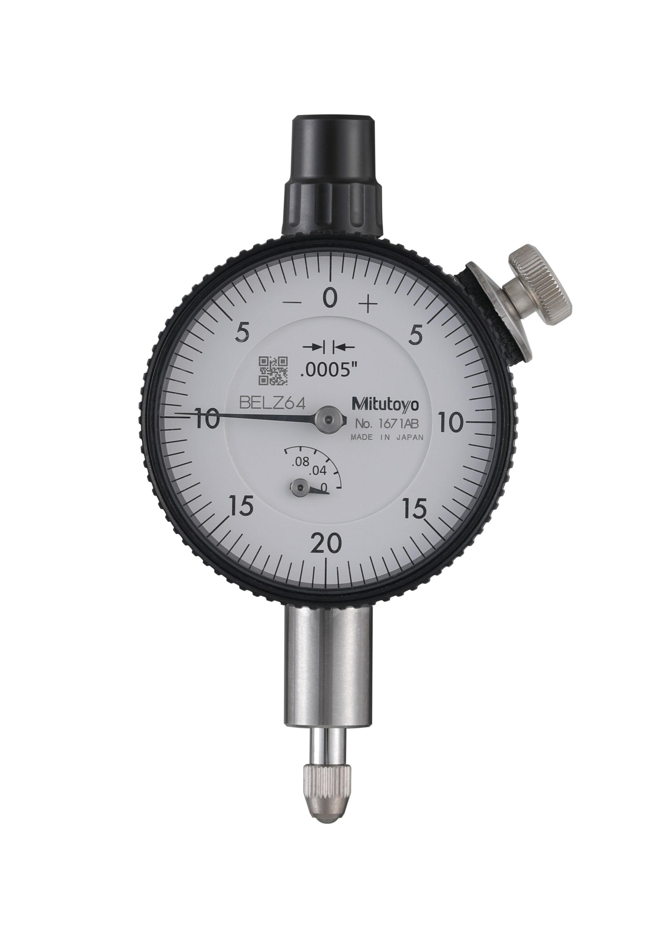 Mitutoyo, 1671AB, .0005 In, .1 In/(.04 In per rev) Dial Indicator, 0-20-0, Flat Back, 3/8 In stem, Series 1