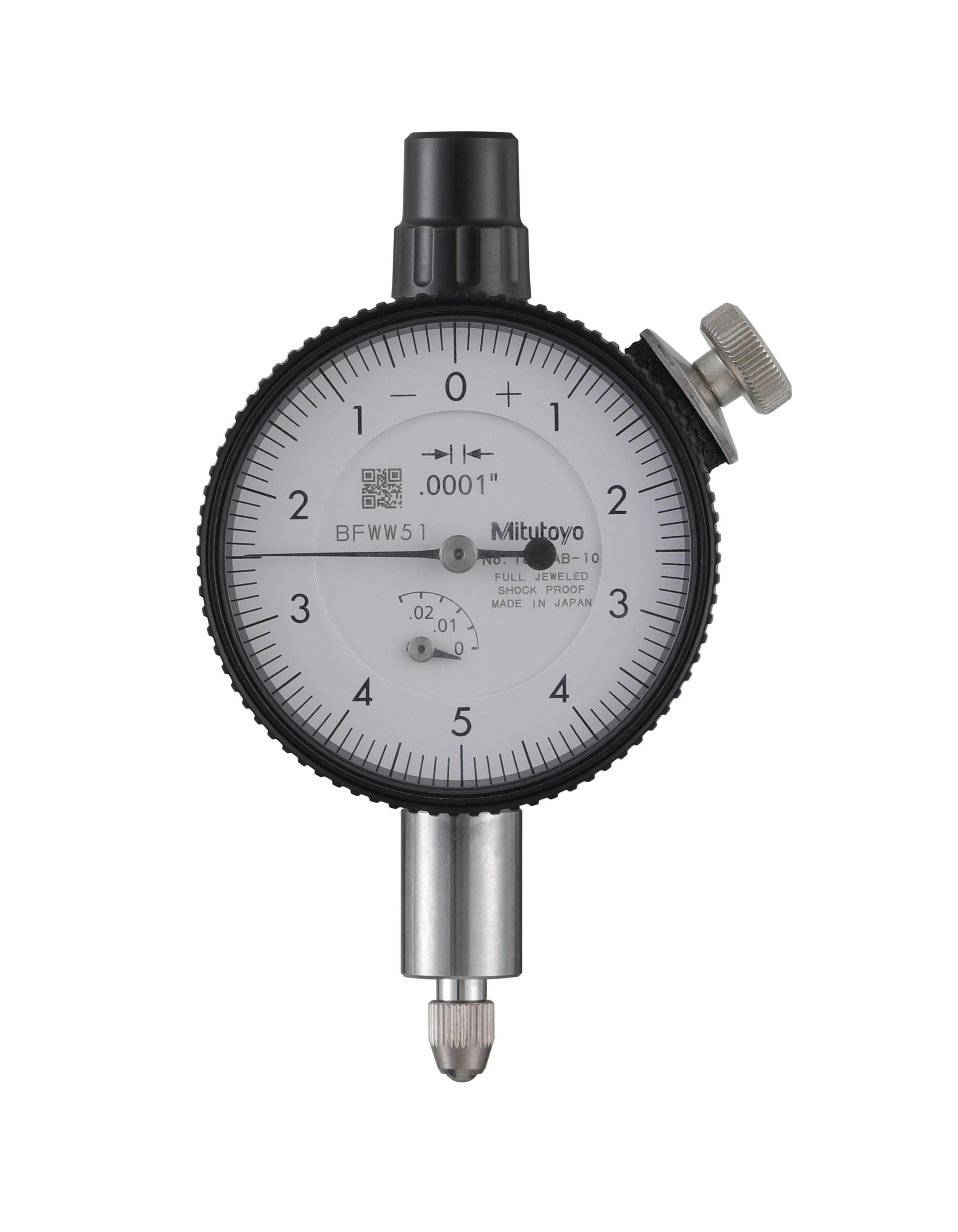 Mitutoyo, 1803AB-10, .0001 In, .025 In/(.01 In per rev) Dial Indicator, 0-5-0, Flat Back, Series 1, Shockproof, Jeweled