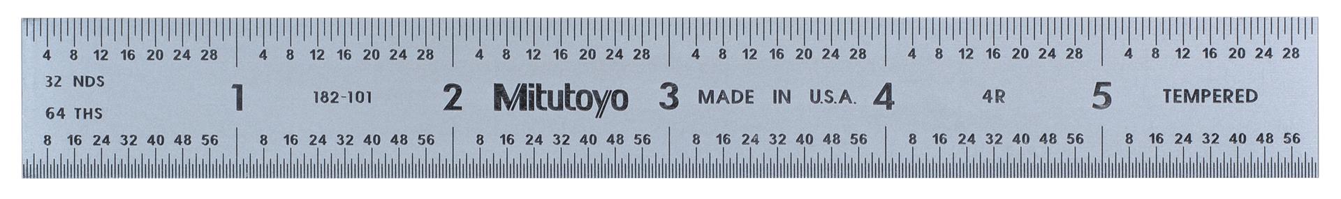 Mitutoyo, 182-101, 6 In, 4R Steel Rule, 3/4 In  Wide, Rigid, Satin Chrome Finish Tempered Stainless Steel, (1/8, 1/16, 1/32, 1/64)