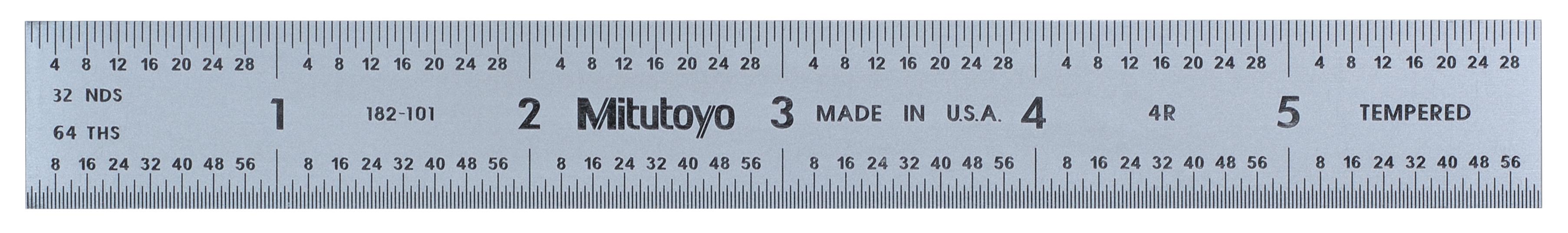 Mitutoyo, 182-101, 6 In, 4R Steel Rule, 3/4 In  Wide, Rigid, Satin Chrome Finish Tempered Stainless Steel, (1/8, 1/16, 1/32, 1/64)