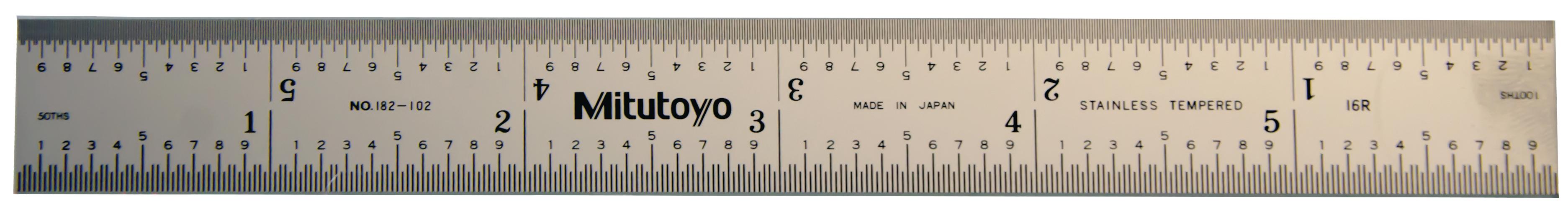 Mitutoyo, 182-102, 6 In, 16R Steel Rule, 3/4 In  Wide, Rigid, Satin Chrome Finish Tempered Stainless Steel, (1/32, 1/64, 1/50, 1/100)