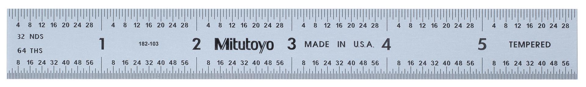 Mitutoyo, 182-103, 6 In, 5R Steel Rule, 3/4 In  Wide, Rigid, Satin Chrome Finish Tempered Stainless Steel, (1/32, 1/64, 1/10, 1/100)