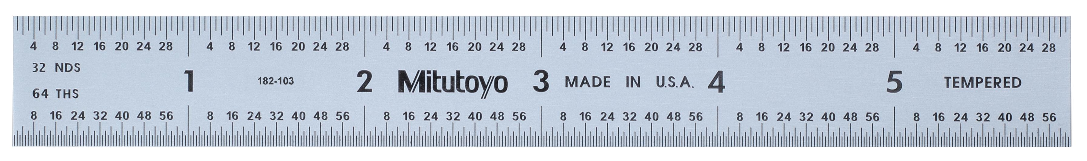 Mitutoyo, 182-103, 6 In, 5R Steel Rule, 3/4 In  Wide, Rigid, Satin Chrome Finish Tempered Stainless Steel, (1/32, 1/64, 1/10, 1/100)