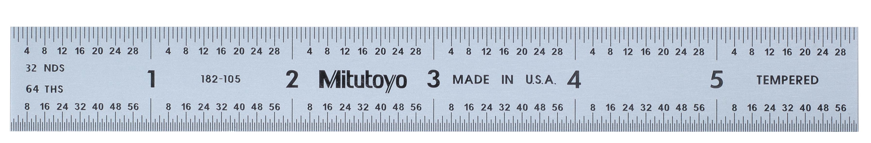 Mitutoyo, 182-105, 6 In, 150mm Steel Rule, 3/4 In  Wide, Rigid, Satin Chrome Finish Tempered Stainless Steel, (1/32, 1/64, 1mm, 0.5mm)