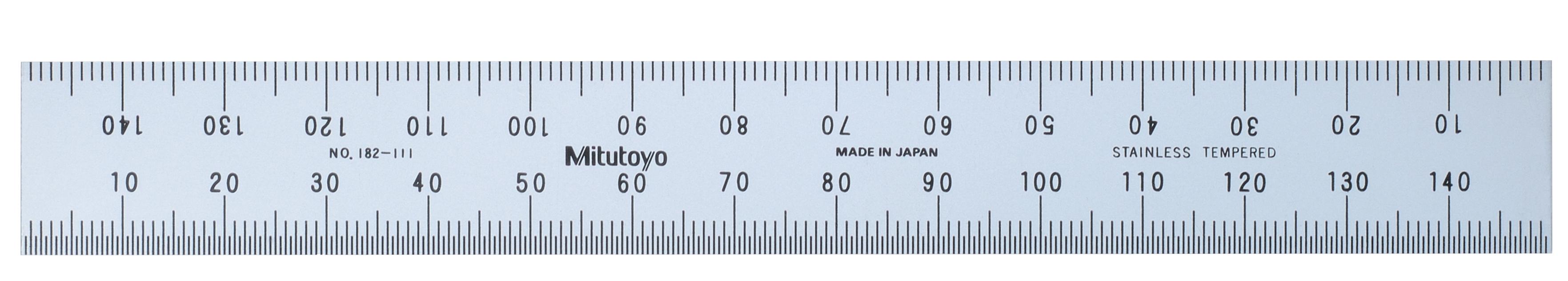 Mitutoyo, 182-111, Steel Rule, 150mm, Rigid 19mm, Wide, Satin Chrome Finish Tempered Stainless Steel, (1mm, 0.5mm, 1mm, 0.5mm 